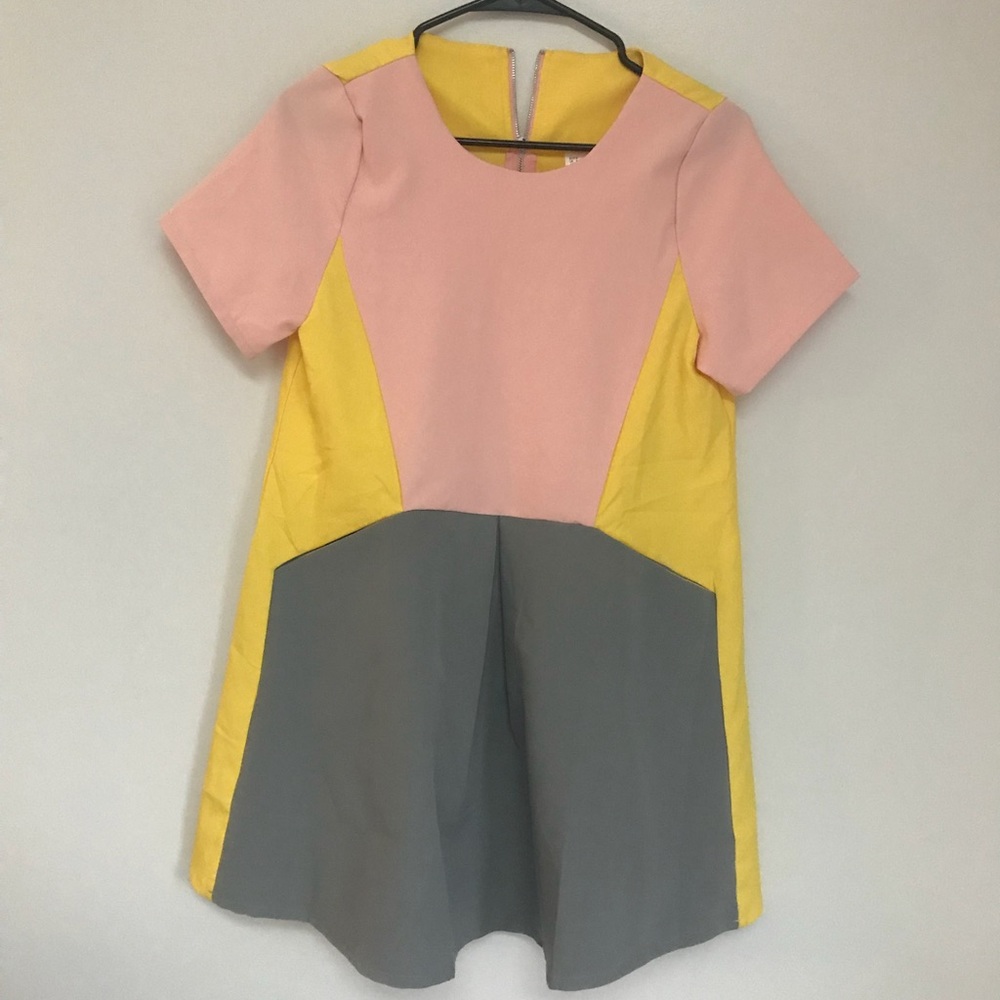Pink, Yellow, Gray Color Block Dress